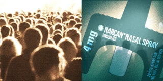 A crowd at a music show and a photo of Naloxone nasal spray
